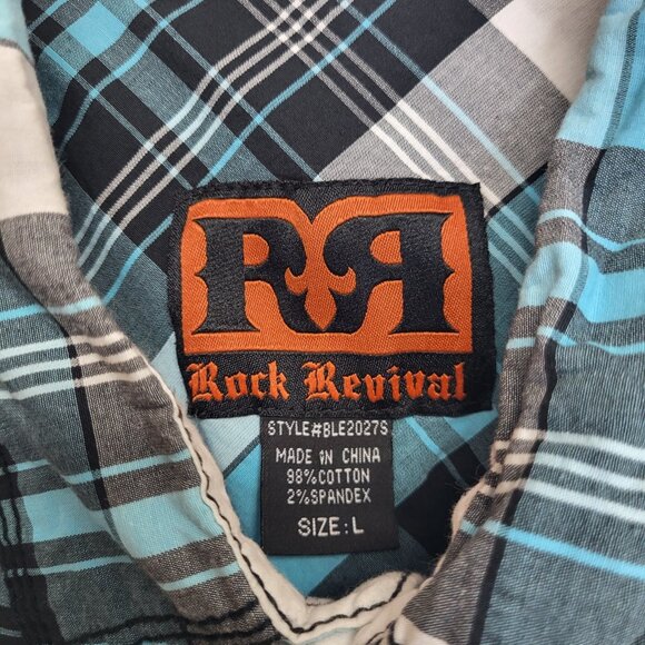 Rock Revival Shirt Mens Large Blue Plaid Button Up Western Cowboy Short Sleeve - Picture 9 of 9